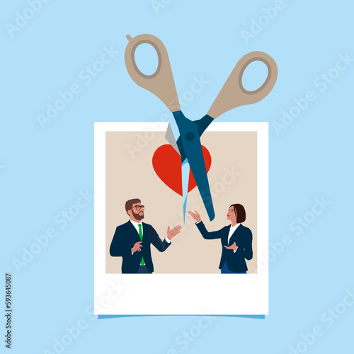 Separation ex-wife and husband. Crisis relationship. Unhappy love.  Modern vector illustration in flat style