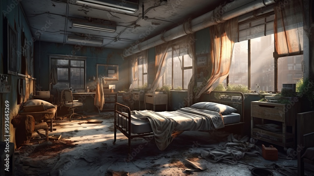 Interior of abandoned hospital. Generative AI Interior of abandoned hospital. Generative AI