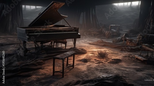 A Grand piano in a abandoned destroyed room. Generative ai © kaznadey
