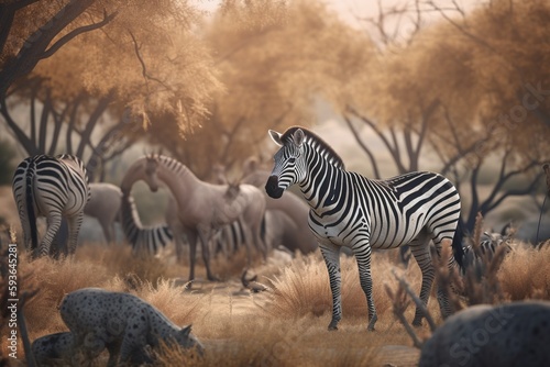 A detailed illustration of a group of animals  such as zebras or gazelles  in their natural habitat  Generative AI