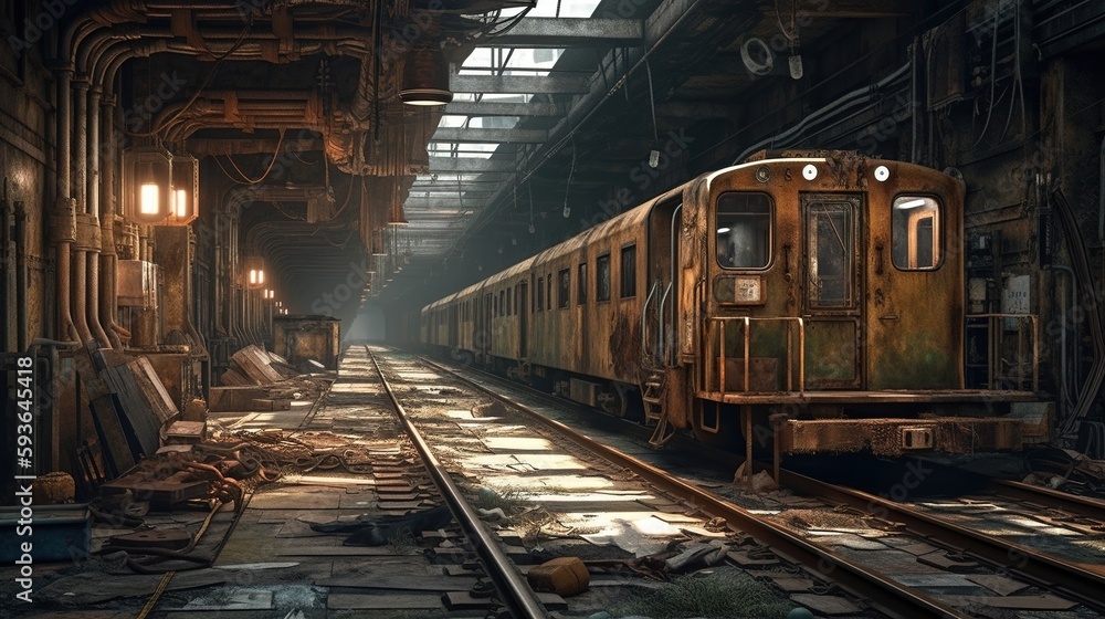 Naklejka premium Abandoned train wreck Created with Generative AI technology.