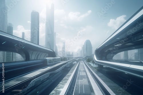 A futuristic cityscape with advanced transportation infrastructure, such as high-speed trains or hyperloops, Generative AI © NICACIO