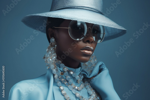 Portrait of a fashionable african american women in designer blue outfit. 