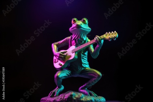Funny abstract picture, statue of cute frog playing the guitar. Abstract background, illustration, sculpture art. Generative AI. 
