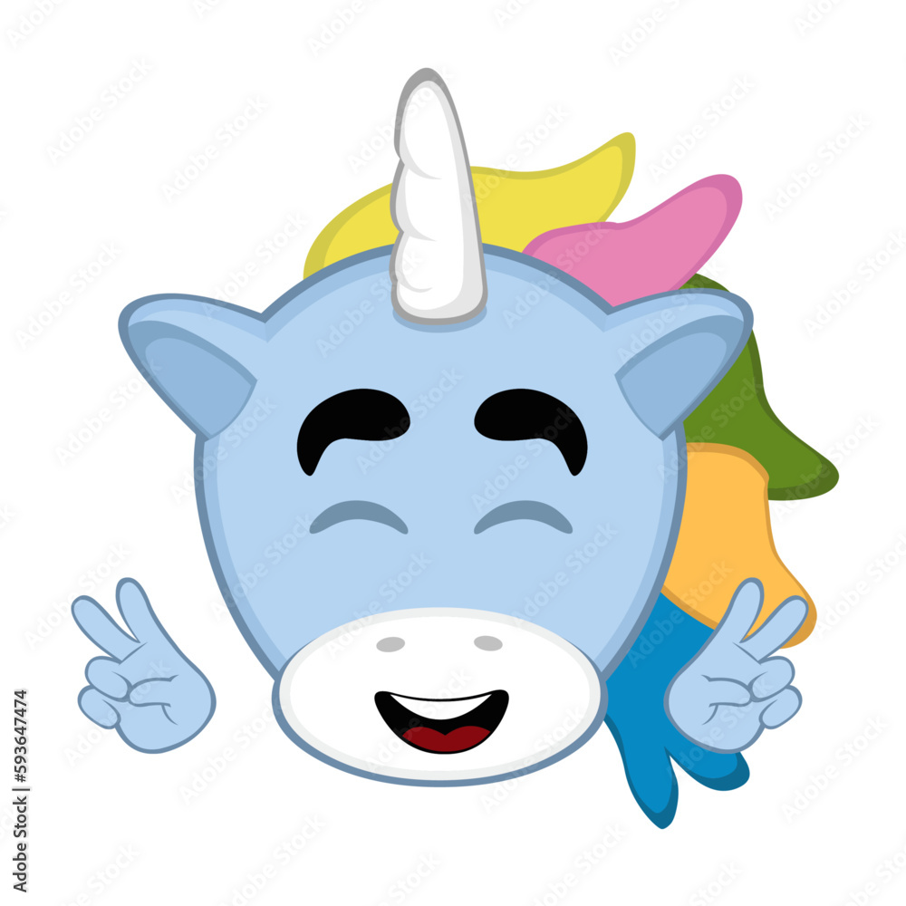 vector illustration face of a cartoon unicorn, a happy expression, making the classic gesture of love and peace with his hands vector illustration face of a cartoon unicorn, a happy expression, making the classic gesture of love and peace with his hands