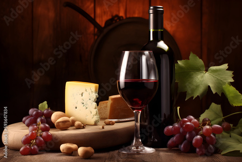 Rustic red wine tasting served with cheese and snacks, generative AI.