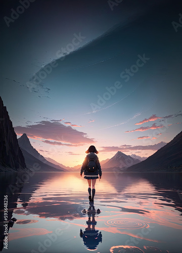 Anime girl in the beautiful lake, Generative AI, Anime, high resolution