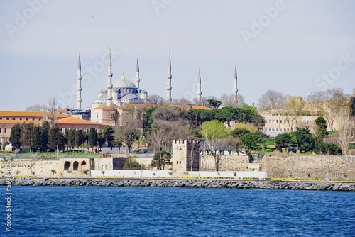 View of the Blue Mosque, from the Bosphorus Strait, Istanbul, Turkey.