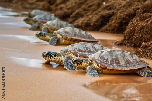 Small Hawksbill Turtles at beach. Generative AI illustration