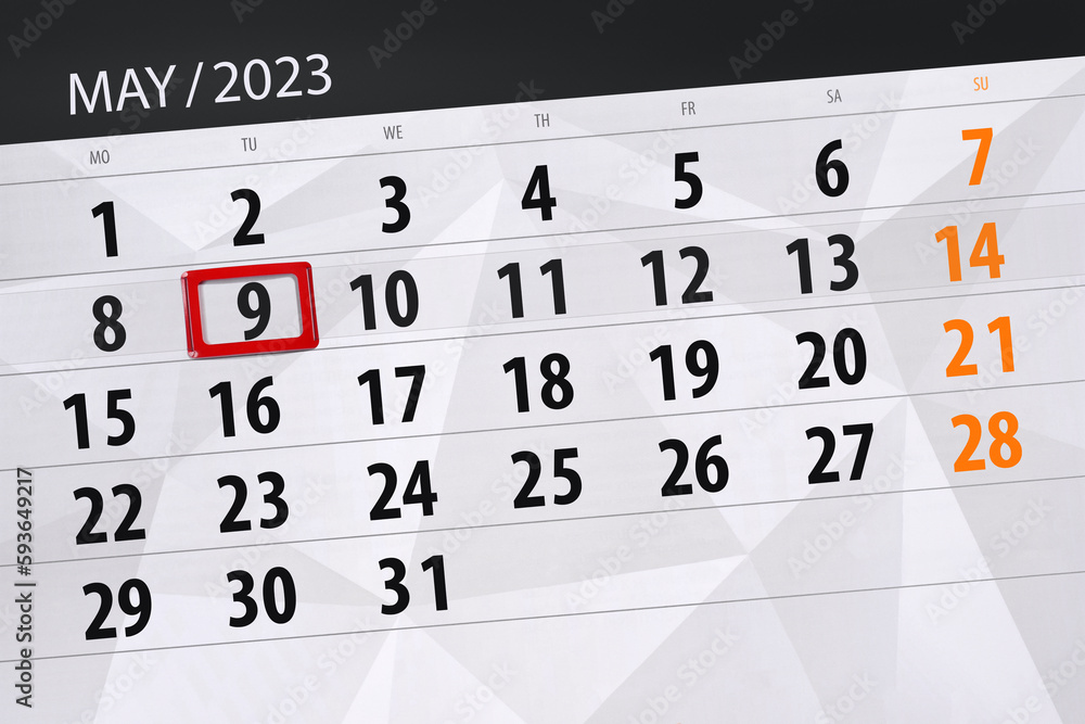 Fototapeta premium Calendar 2023, deadline, day, month, page, organizer, date, May, tuesday, number 9