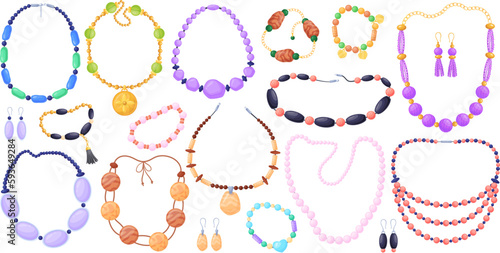 Women beaded necklaces. Beads and pearl jewelry, boho bracelet precious necklace on chain for fashion girl or woman, beauty bijouterie summer accessories, neat vector illustration