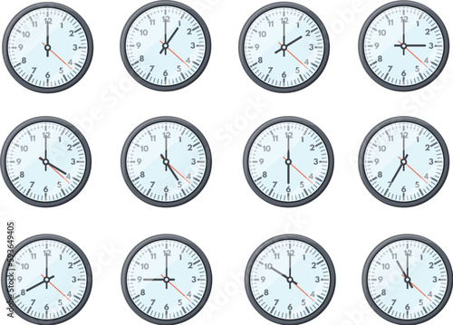 Clock different time. Various hours measurements on clocks face, office watches display showing world times zone one two twelve midnight