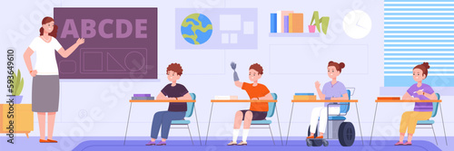 Disabled children school. Teacher learning to preschoolers or pupil disability kids on wheelchair in classroom, inclusive equality student education, splendid vector illustration