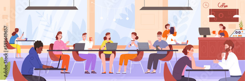 People in coffeehouse. Friends drinking coffee cafe shop, public work place for computer coworking, cafeteria lounge space barista restaurant counter, splendid vector illustration