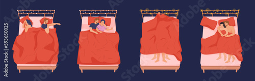 Couples in bed. Couple sleep poses at night home bedroom, romantic lovers sex hug on beautiful bedding, husband wife love or intimate problem