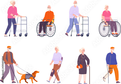 Elderly walkers. Old handicapped people, senior veterans walking with stick cane or walker, granny woman and age man on wheelchair, sick disabled grandparents vector illustration