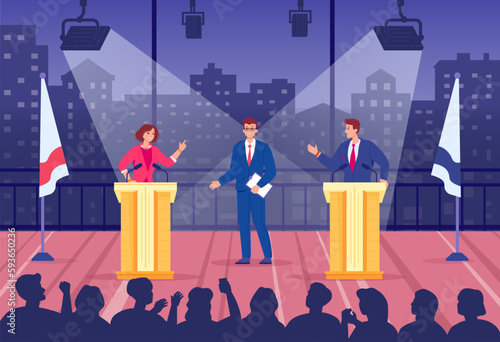 Political talk show. Two politico speaking on debate audience stage tv broadcast, professional speakers leader politics party public discussion in host studio, vector illustration