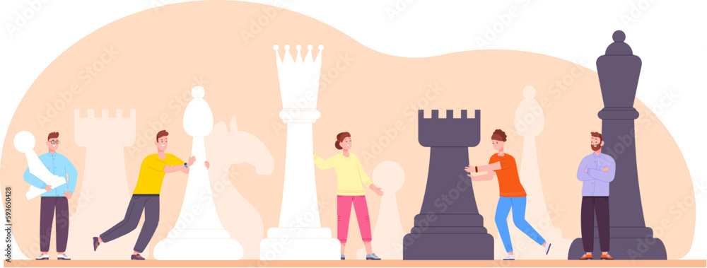 Tiny people play chess. Strategic advantage in business management, teamwork tactical game woman manager man leader move black or white chessman pawn, splendid vector illustration