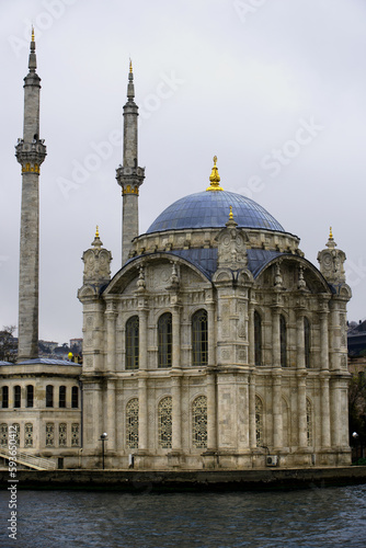 River view of the Ortakoy Mosque by the Bosphorus bridge, in Istanbul. (Upright)
