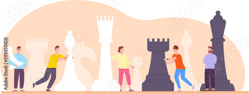 Tiny people play chess. Strategic advantage in business management, teamwork tactical game woman manager man leader move black or white chessman pawn, splendid vector illustration