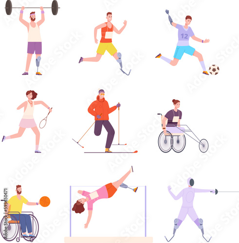 Paralympic athletes. Disabled people with prosthetics legs, disability athlete on wheelchair at winter or summer sport marathon, handicapped sprinter splendid vector illustration
