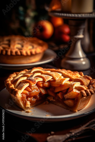 Homemade delicious fresh baked rustic apple pie on dark background. Generative AI.