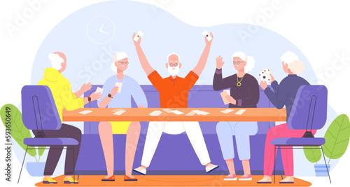 Elderly people playing cards. Older retirement friends play in fun card table games, senior gambler home relax entertainment smile old man friendship, splendid vector illustration