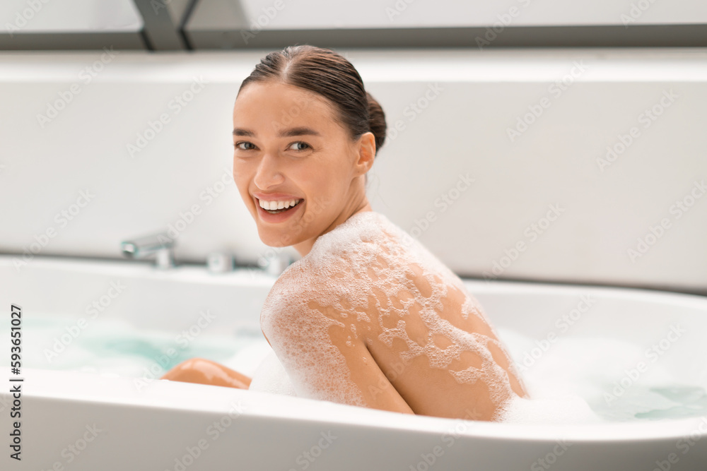 Lady Covered With Soap Sud Taking Bath Posing In Bathtub Lady Covered With Soap Sud Taking Bath Posing In Bathtub