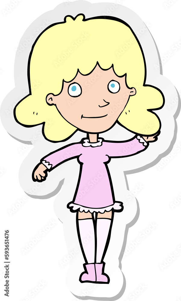 sticker of a cartoon friendly woman waving sticker of a cartoon friendly woman waving
