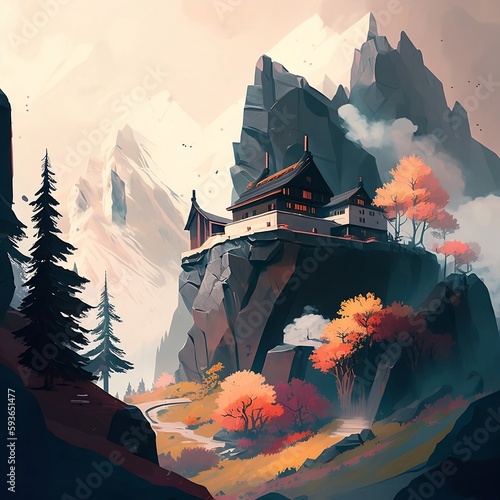 Mountain house painting, Generative AI