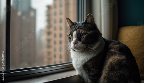 Cat sitting in city apartment