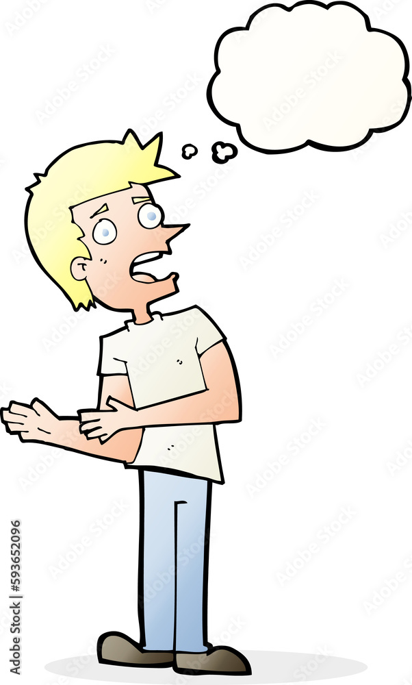 cartoon man making excuses with thought bubble cartoon man making excuses with thought bubble