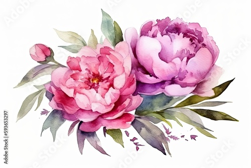 Watercolor pink magenta peony flowers bouquet. Generative Ai © XtzStudio