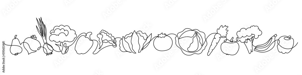 Vegetables doodle border frame. Continuous line drawing. Onion, broccoli, zucchini, lettuce, cauliflower, tomato, pepper, cabbage, carrot, potato, apple, fruits. Vegetables doodle border frame. Continuous line drawing. Onion, broccoli, zucchini, lettuce, cauliflower, tomato, pepper, cabbage, carrot, potato, apple, fruits.