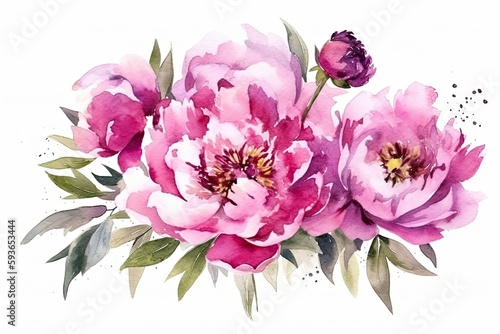 Watercolor pink magenta peony flowers bouquet. Generative Ai