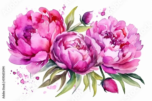 Watercolor pink magenta peony flowers bouquet. Generative Ai