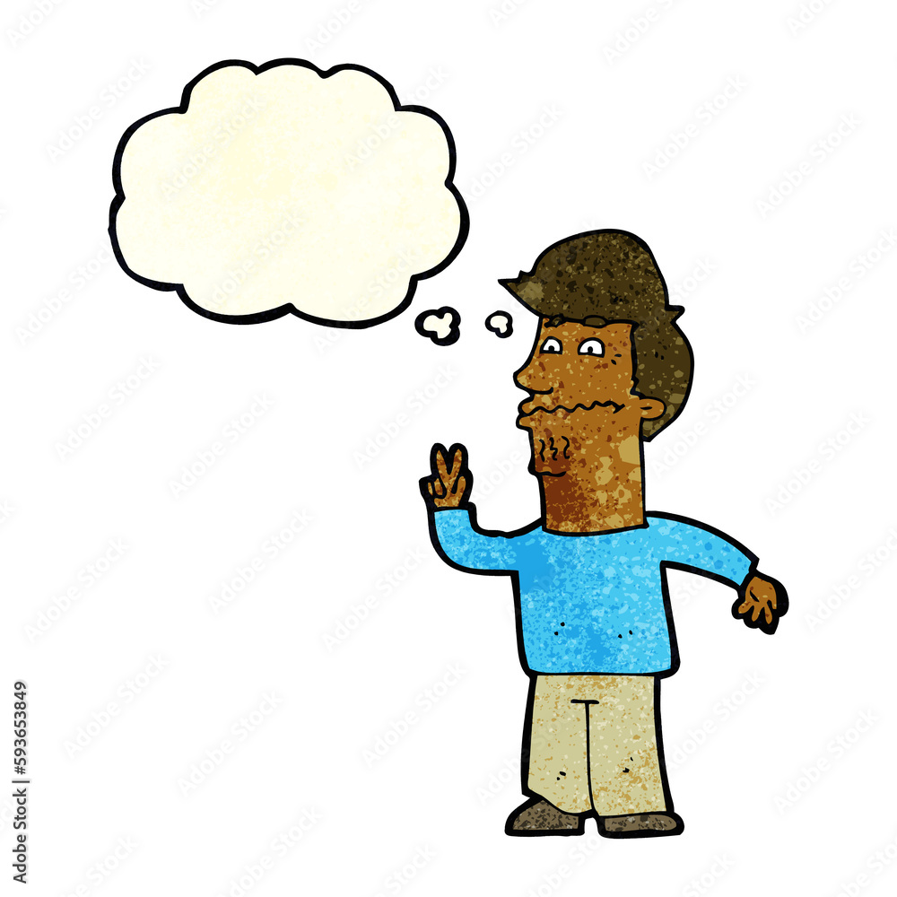cartoon man giving peace sign with thought bubble cartoon man giving peace sign with thought bubble