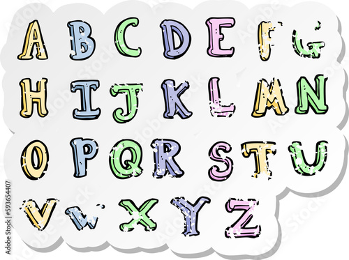 retro distressed sticker of a cartoon alphabet