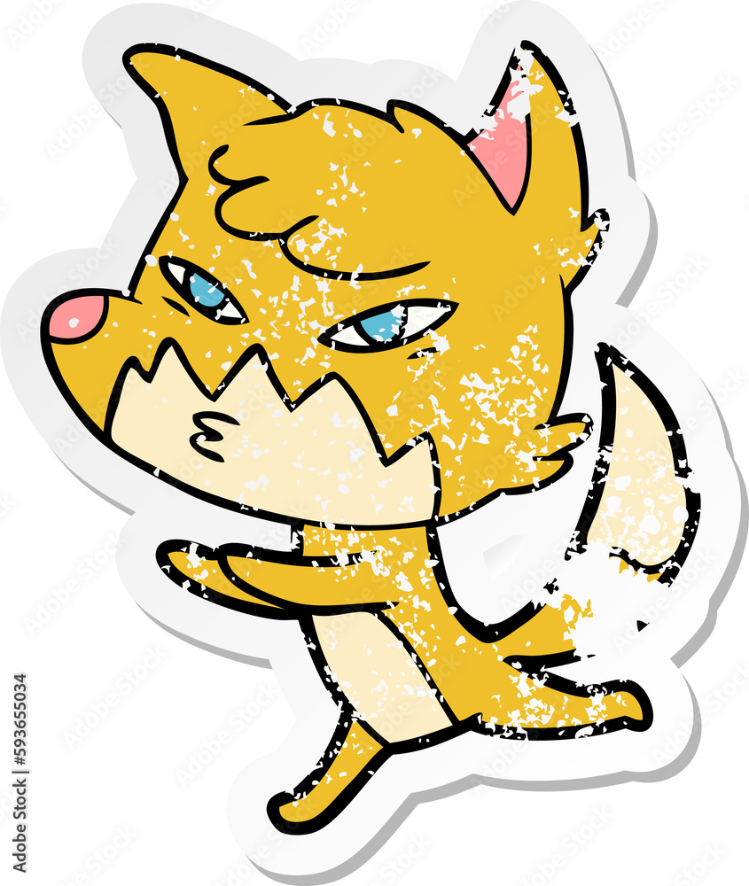 distressed sticker of a clever cartoon fox distressed sticker of a clever cartoon fox