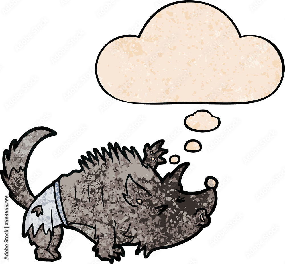 cartoon werewolf and thought bubble in grunge texture pattern style cartoon werewolf and thought bubble in grunge texture pattern style