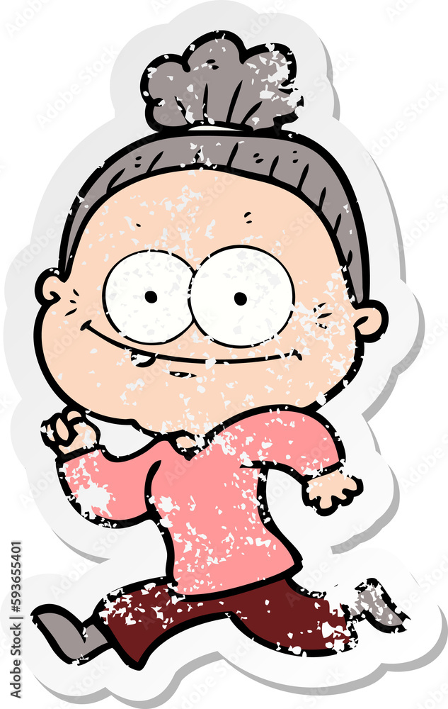 distressed sticker of a cartoon happy old woman distressed sticker of a cartoon happy old woman