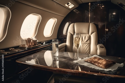 Private Jet, Luxury Table with Champagne and glasses