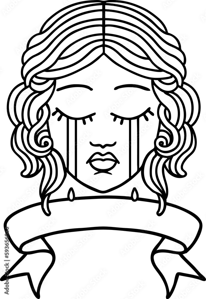 black linework tattoo with banner of female face crying black linework tattoo with banner of female face crying