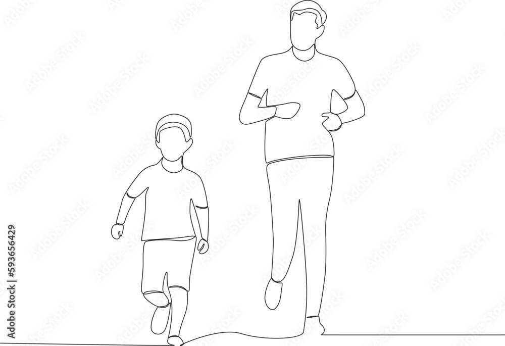 A father running around with his child. Father's Day one-line drawing