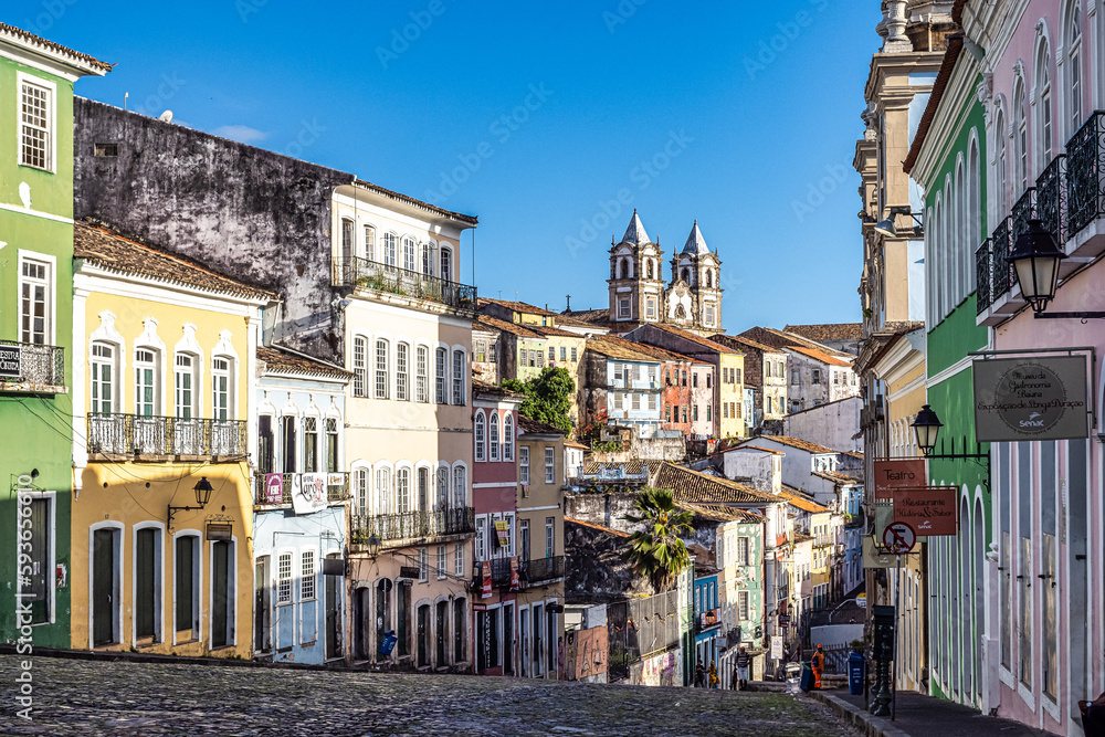 Colorful colonial houses at the historic district of Pelourinho in Salvador da Bahia, Brazil.