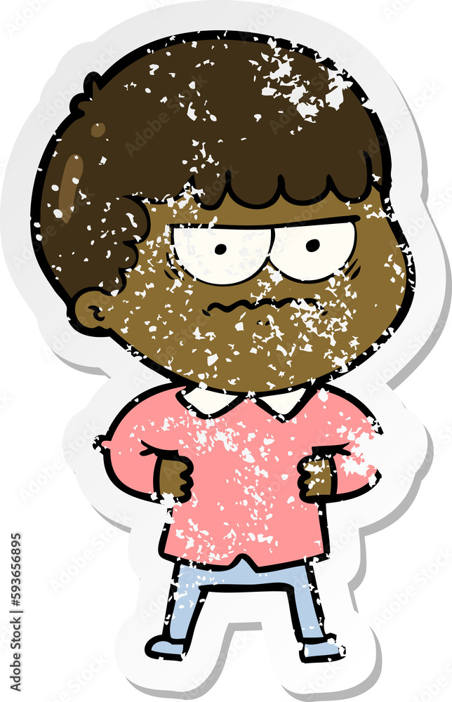 distressed sticker of a cartoon annoyed man