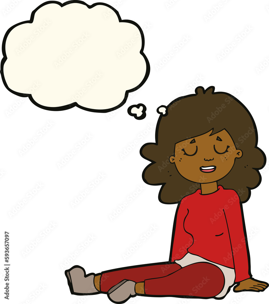 cartoon happy woman sitting on floor with thought bubble cartoon happy woman sitting on floor with thought bubble