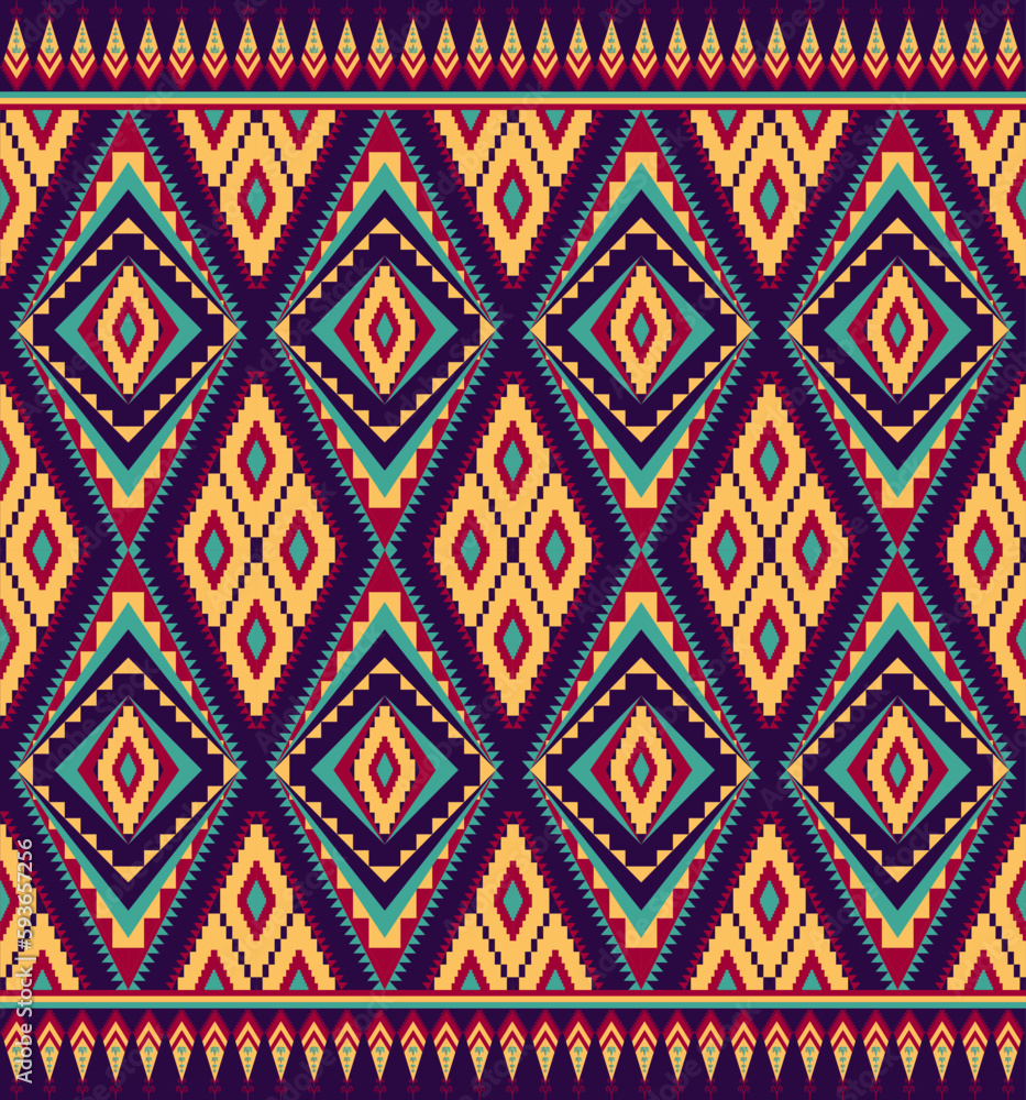 Ethnic folk geometric seamless pattern in yellow, red and cyan tone in vector illustration design for fabric, mat, carpet, scarf, wrapping paper, tile and more