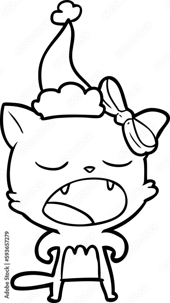 line drawing of a cat meowing wearing santa hat line drawing of a cat meowing wearing santa hat