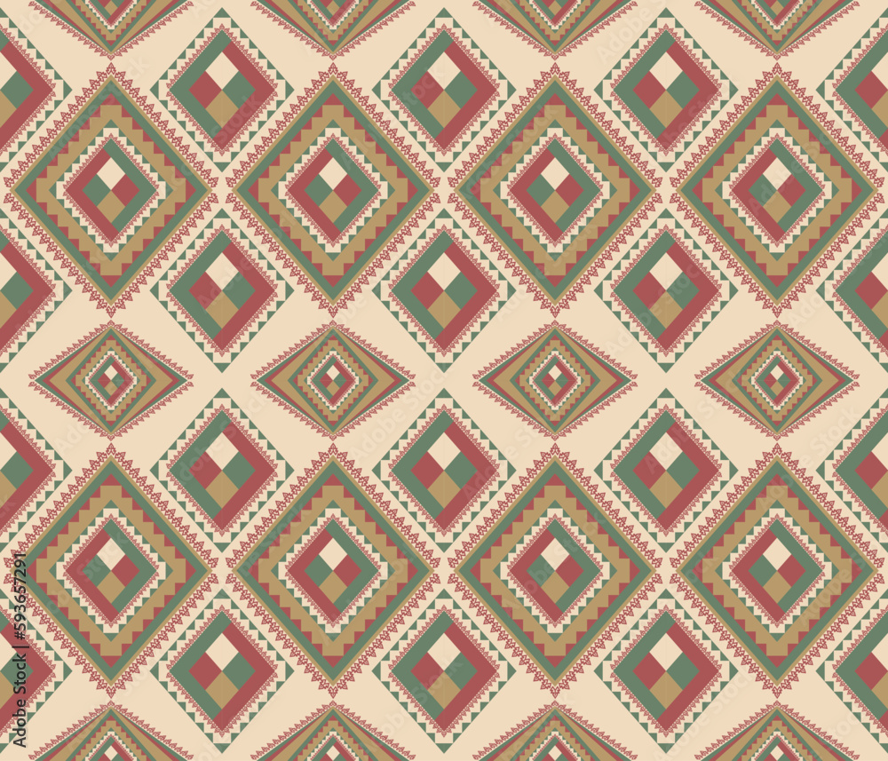 Ethnic folk geometric seamless pattern in red, green and brown tone in vector illustration design for fabric, mat, carpet, scarf, wrapping paper, tile and more